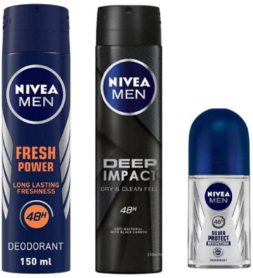 NIVEA Fresh Power Deo 150 Ml , Deep Impact Deo 150 Ml , Silver Protect Roll On 50 Ml Deodorant Spray  -  For Men & Women(350 ml, Pack of 3)