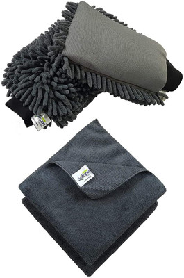 SOFTSPUN Microfiber Chenille & Single-Side Gloves 1700 GSM with Towel 2 gloves 2 cloth Dry Glove(Large)