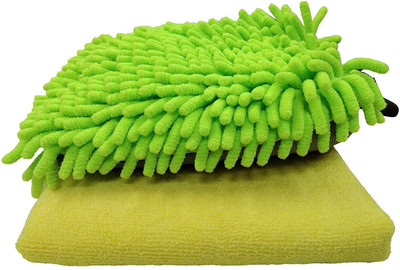 SOFTSPUN Microfiber Chenille & Single-Side Gloves 1700 GSM with Towel Wet and Dry Glove Set(Medium Pack of 2)