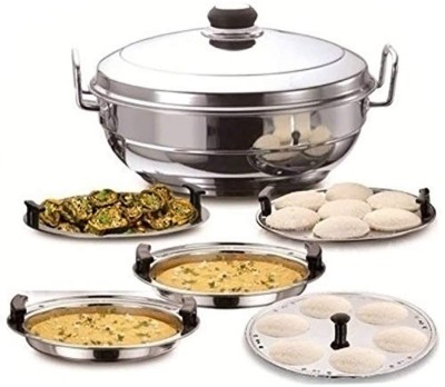 Bigbought Heavy Stainless Steel Idli Cooker Multi Kadai Steamer | Thick Base All-in-One Big Size with 5 Plate | 2 idli | 2 Dhokla | 1 Patra | Induction & Gastop Compatible | Sandwich Bottom Kadai with Lid Induction & Standard Idli Maker(5 Plates , 14 Idlis )