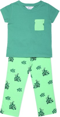 Mystere Paris Kids Nightwear Girls Printed Cotton Blend(Green Pack of 1)