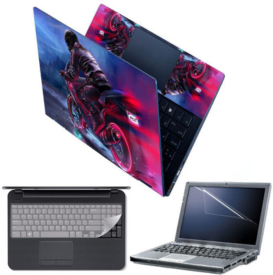FineArts 4 in 1 Combo Pack with Laptop Skin Sticker Decal, Palmrest Skin, Screen Protector, Key Guard for 15.6 Inch Laptop - Biker Motorcycle Combo Set(Multicolor)