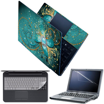 FineArts 4 in 1 Combo Pack with Laptop Skin Sticker Decal, Palmrest Skin, Screen Protector, Key Guard for 15.6 Inch Laptop - Abstract Turquoise Swirls Combo Set(Multicolor)
