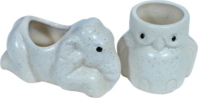 Bright Shop Ceramic Planter Pot For Indoor Plant White Color, Small Size Plant Container For Balcony & Outdoor Garden (Pack Of 2, Plant Not Included) Elephant & Owl Shape Vase Set Plant Container Set(Pack of 2, Ceramic)