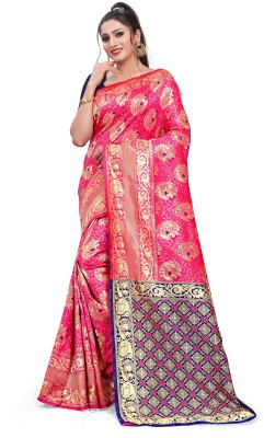 GADZUX Embroidered Banarasi Cotton Blend, Jacquard Saree(Dark Blue, Gold, Pink)