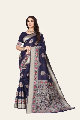 LUXVANI Woven Bollywood Jacquard, Linen Saree(Dark Blue)