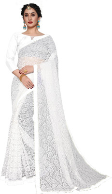 SAREEYA16 Self Design Bollywood Net, Jacquard Saree(White)