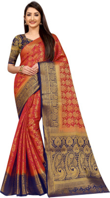 Matangi Exporter Self Design Banarasi Silk Blend Saree(Red)
