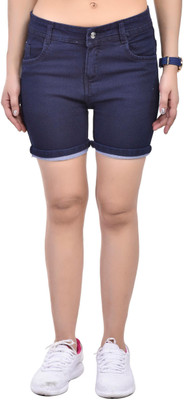 Eliq Solid Women Denim Dark Blue Denim Shorts