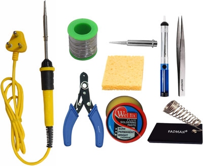 FADMAN Beginner Basic Soldering Iron Kit Pack-9 | SOLDER WIRE | STAND | CUTTER | PASTE| TWEEZER | SPONGE | BIT | PUMP | Soldering iron 25 W Simple(Flat Tip)