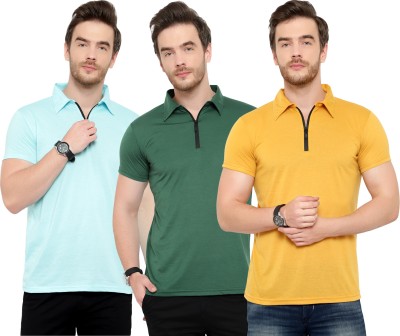 Tivy Solid Men Polo Neck Light Blue, Dark Green, Yellow T-Shirt