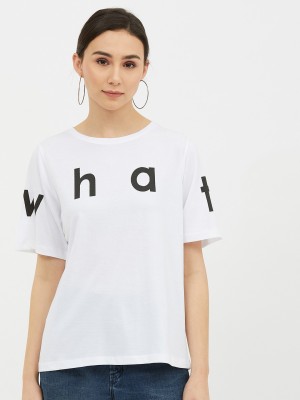 HARPA Printed Women Round Neck White T-Shirt