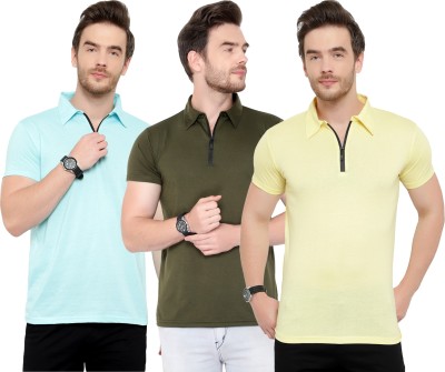 Tivy Solid Men Polo Neck Dark Green, Light Blue, Yellow T-Shirt