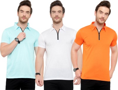 Adorbs Solid Men Polo Neck Light Blue, White, Orange T-Shirt