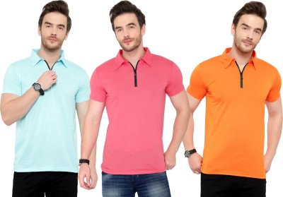 Adorbs Solid Men Polo Neck Light Blue, Pink, Orange T-Shirt