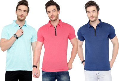 Tivy Solid Men Polo Neck Dark Blue, Light Blue, Pink T-Shirt