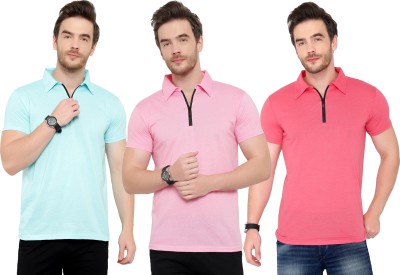 Tivy Solid Men Polo Neck Light Blue, Pink T-Shirt