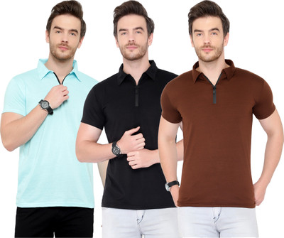 Moordale Solid Men Polo Neck Blue, Brown, Black T-Shirt