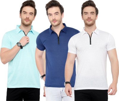 Tivy Solid Men Polo Neck White, Blue T-Shirt