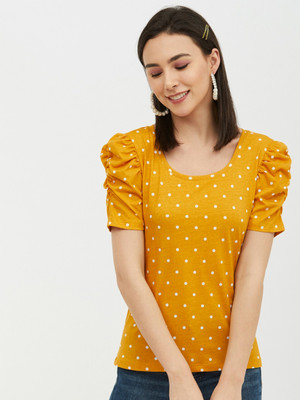 HARPA Casual Half Sleeve Polka Print Women Yellow Top
