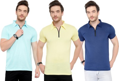 Tivy Solid Men Polo Neck Dark Blue, Light Blue, Yellow T-Shirt