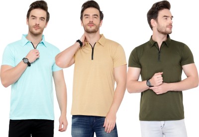 Tivy Solid Men Polo Neck Light Blue, Dark Green, Beige T-Shirt