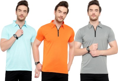 Adorbs Solid Men Polo Neck Light Blue, Orange, Grey T-Shirt