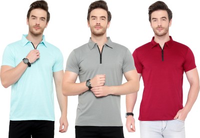 Tivy Solid Men Polo Neck Light Blue, Maroon, Grey T-Shirt