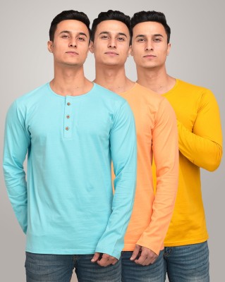 FERANOID Solid Men Henley Neck Light Blue, Orange, Yellow T-Shirt