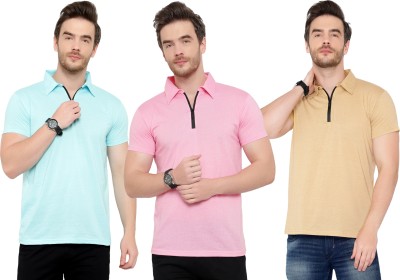 Adorbs Solid Men Polo Neck Light Blue, Pink, Beige T-Shirt