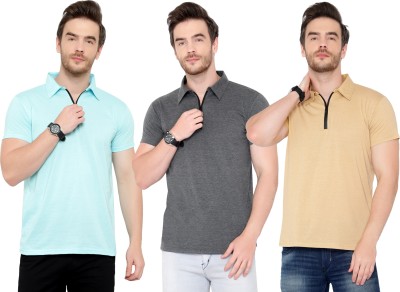 Tivy Solid Men Polo Neck Light Blue, Grey, Beige T-Shirt