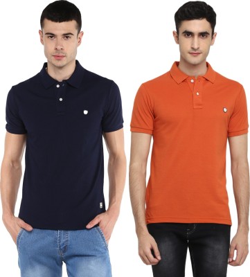 Alan Jones Solid Men Polo Neck Dark Blue, Orange T-Shirt