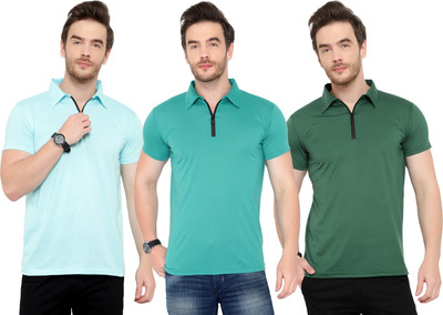 Adorbs Solid Men Polo Neck Light Blue, Dark Green, Green T-Shirt