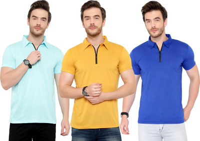 Tivy Solid Men Polo Neck Light Blue, Blue, Yellow T-Shirt
