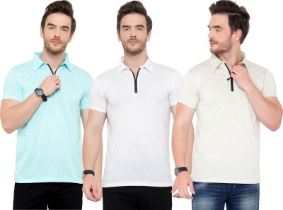 Tivy Solid Men Polo Neck Light Blue, White, Grey T-Shirt