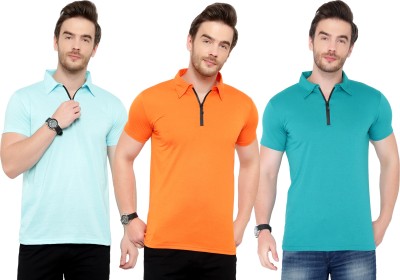 Tivy Solid Men Polo Neck Light Blue, Orange T-Shirt