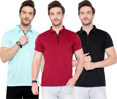 Tivy Solid Men Polo Neck Light Blue, Maroon, Black T-Shirt