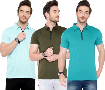 Adorbs Solid Men Polo Neck Dark Green, Light Blue T-Shirt