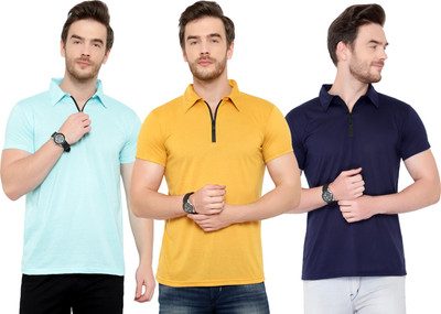 Moordale Solid Men Polo Neck Dark Blue, Light Blue, Yellow T-Shirt