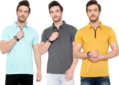 Adorbs Solid Men Polo Neck Light Blue, Grey, Yellow T-Shirt