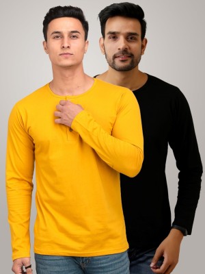 FERANOID Solid Men Henley Neck Black, Yellow T-Shirt