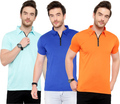 Adorbs Solid Men Polo Neck Blue, Orange T-Shirt