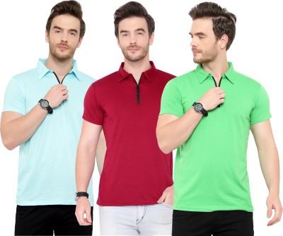 Moordale Solid Men Polo Neck Light Blue, Maroon, Light Green T-Shirt