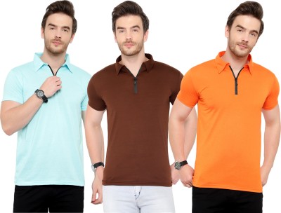 Adorbs Solid Men Polo Neck Light Blue, Brown, Orange T-Shirt