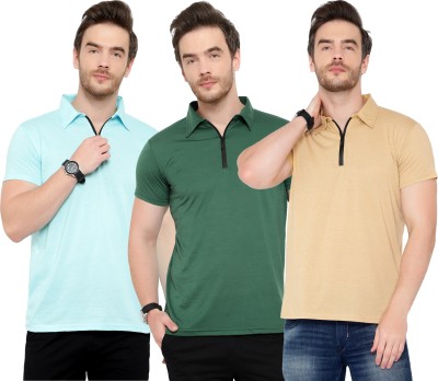 Tivy Solid Men Polo Neck Dark Green, Light Blue, Beige T-Shirt