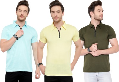 Tivy Solid Men Polo Neck Dark Green, Light Blue, Yellow T-Shirt