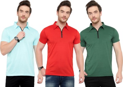 Moordale Solid Men Polo Neck Dark Green, Light Blue, Red T-Shirt