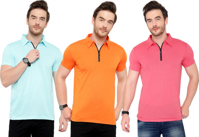 Tivy Solid Men Polo Neck Light Blue, Pink, Orange T-Shirt