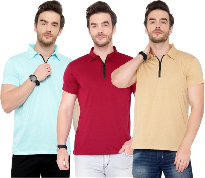 Tivy Solid Men Polo Neck Light Blue, Maroon, Beige T-Shirt