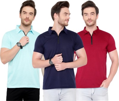 Moordale Solid Men Polo Neck Light Blue, Maroon, Navy Blue T-Shirt